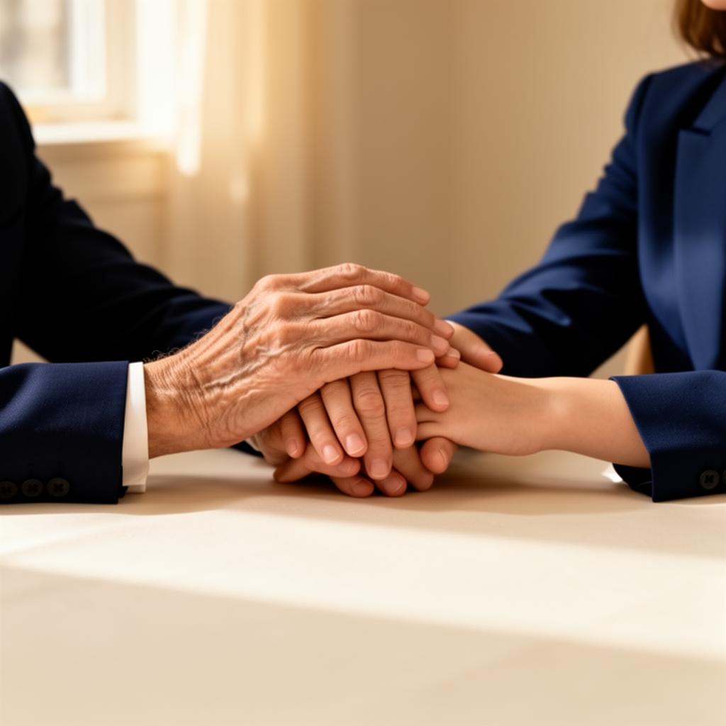 Hands of an elderly person and a younger family member clasped supportively across a table