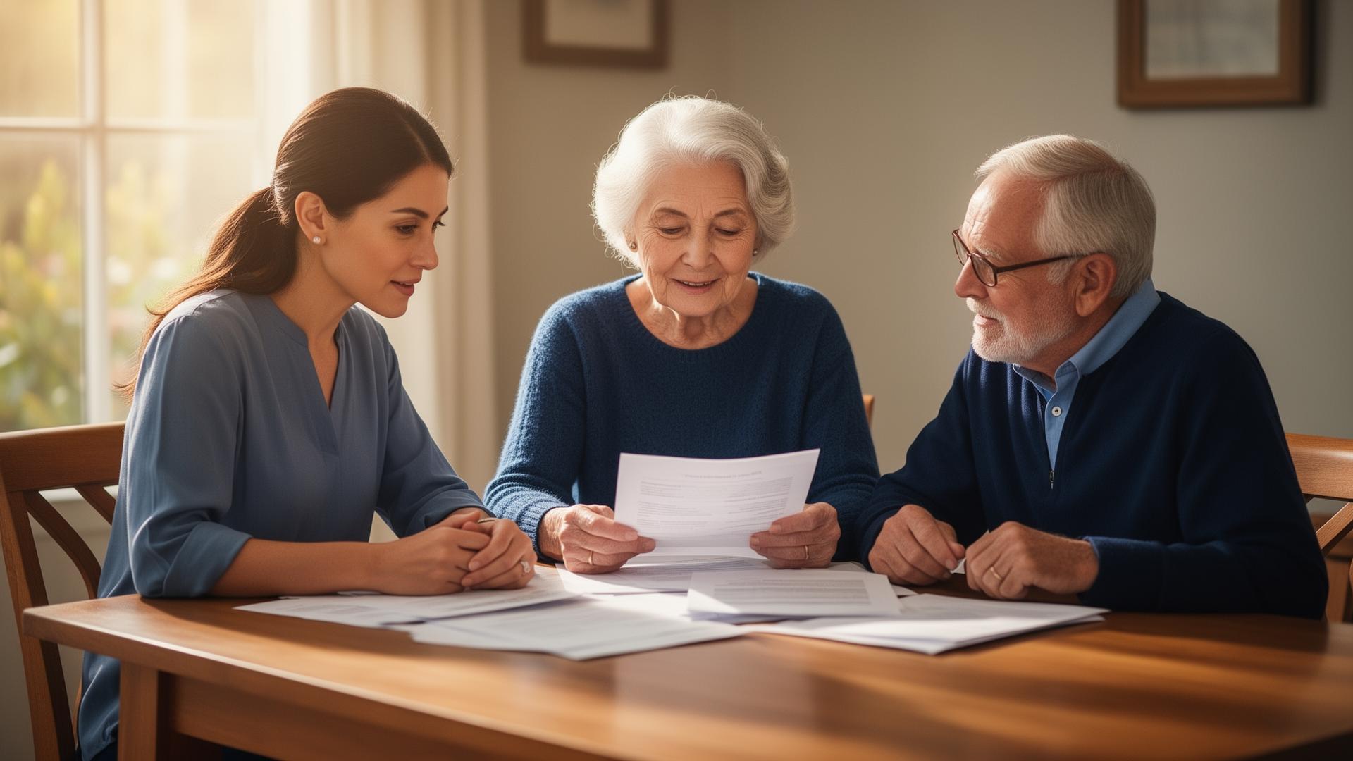 An adult daughter sitting with her elderly parents reviewing planning documents at a sunlit table